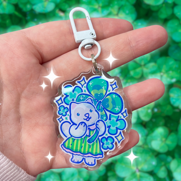 Lucky Clover Kitty ~ Glitter Acrylic Keychain Charm
