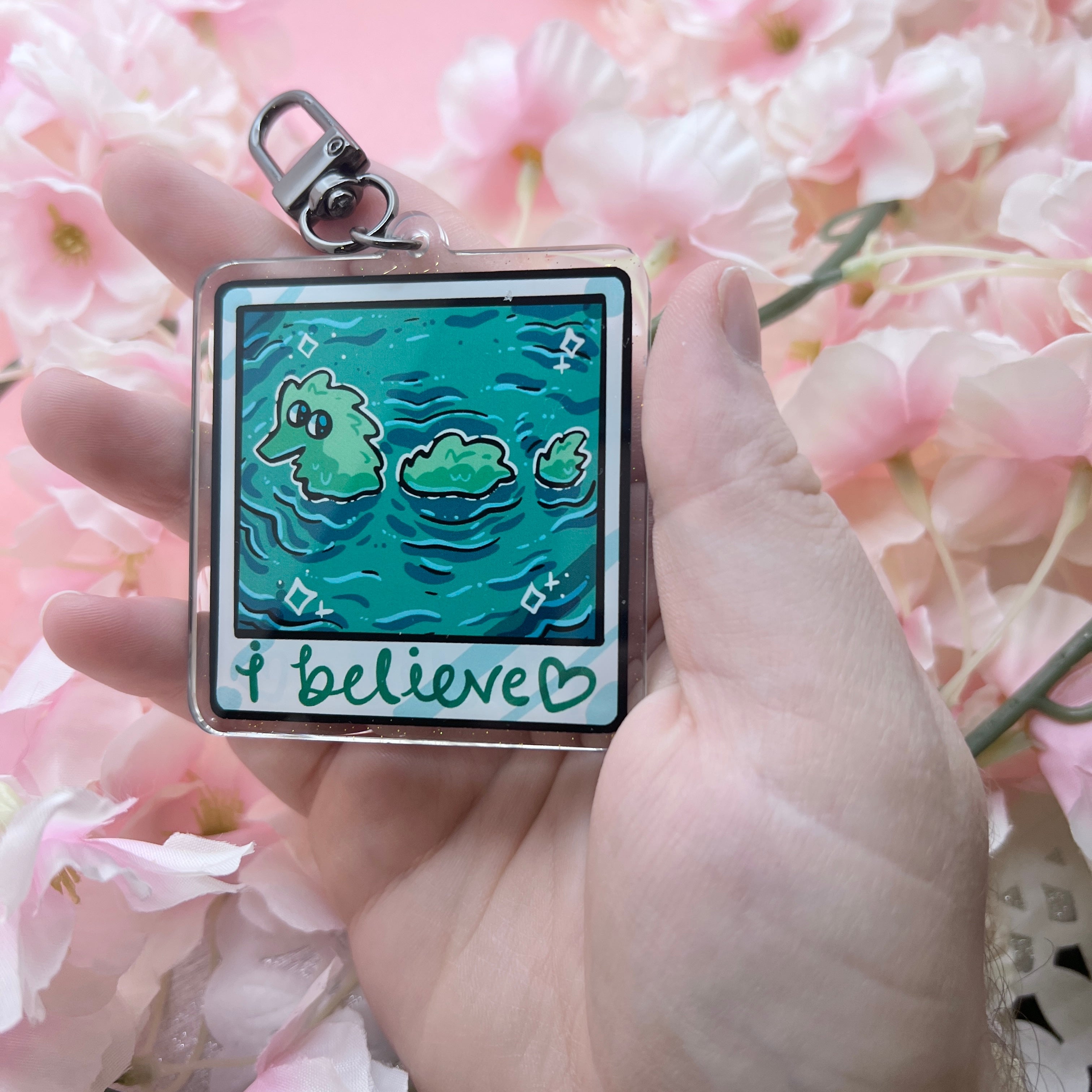 Fuzzy Worm Nessie "I Believe" ~ Glitter Acrylic Keychain Charm