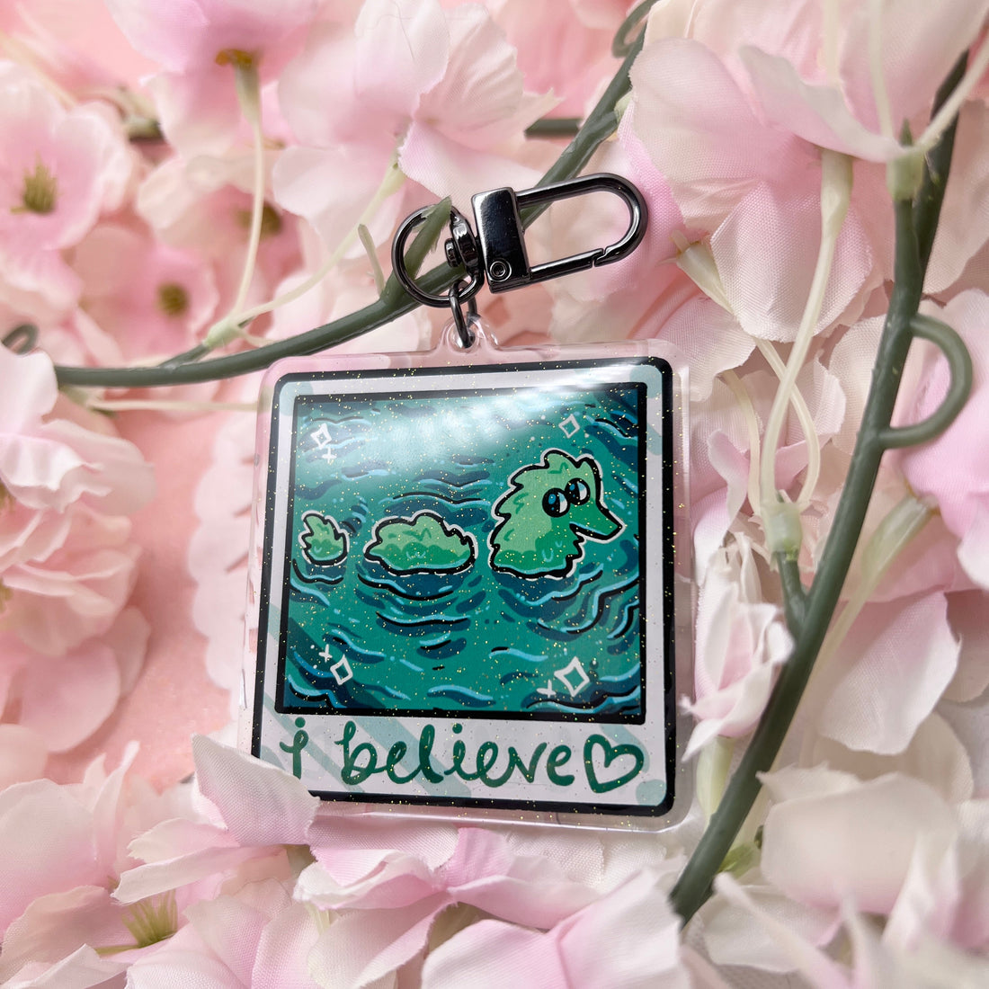 Fuzzy Worm Nessie "I Believe" ~ Glitter Acrylic Keychain Charm